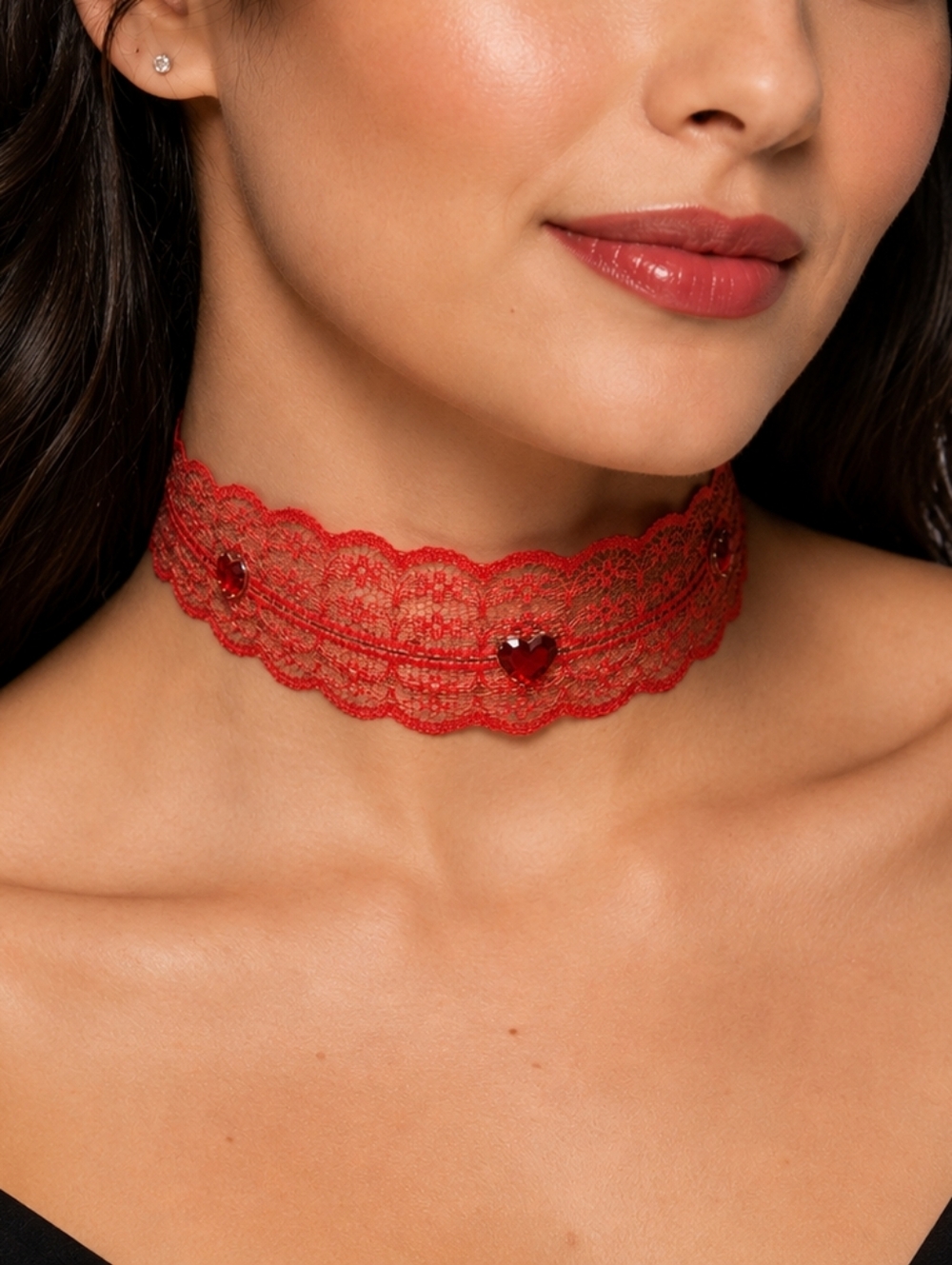 Red Lace With Hearts Tie-Back Choker Necklace
